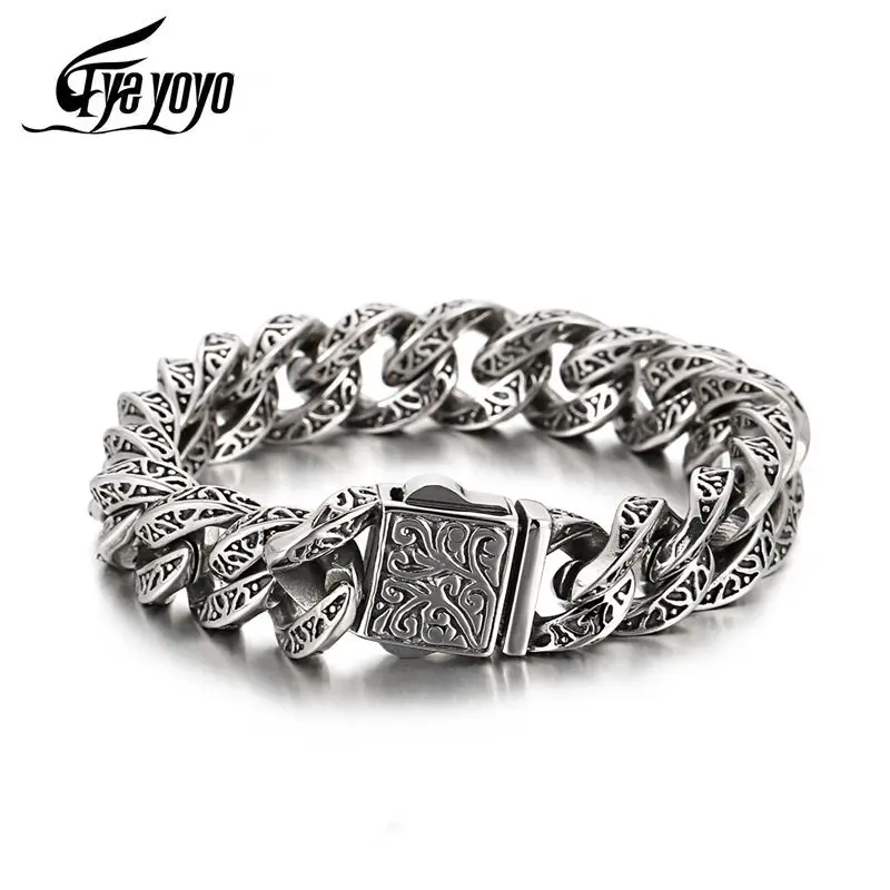 

Vintage Sculpture Cuban Cuff Bracelet Stainless Steel Custom Charms Curb Link Chain Men Bracelets