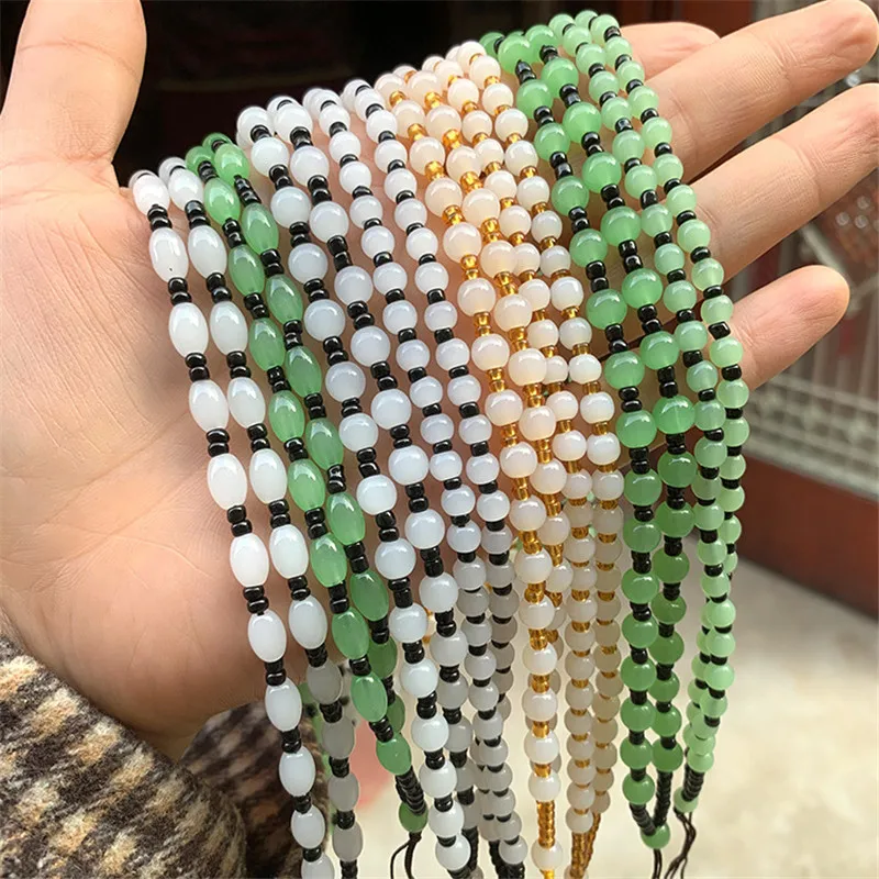 

5pcs Green White Jade bead Braid Wax Cord DIY Pendant Necklace Jewelry Making Handmade Rope Clasp String Chain