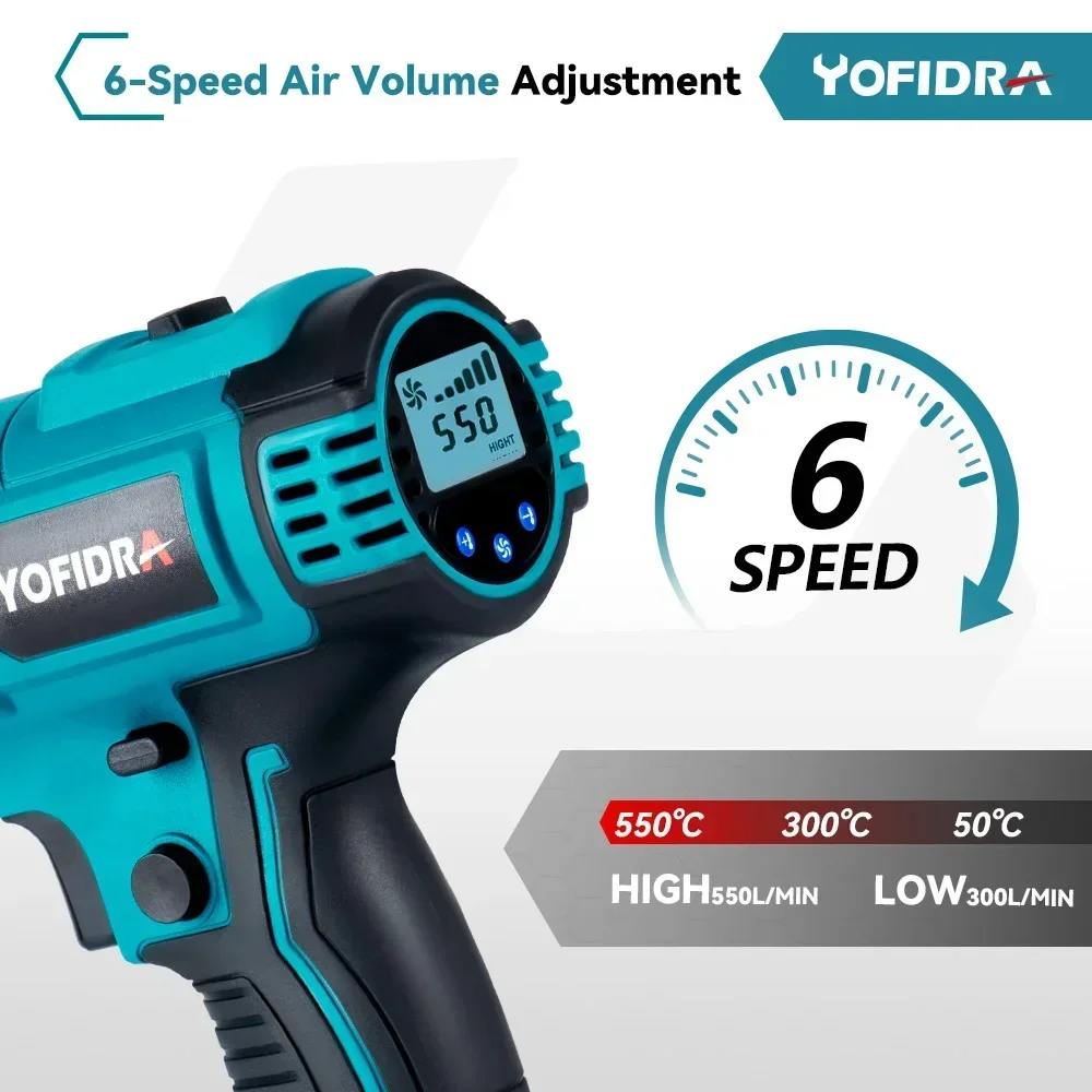 Yofidra 2500W  50-550℃ Electric Heat Gun 6 Gears LED Display Cordless Rechargeable Home Industrial Tools For makita 18V Battery 4