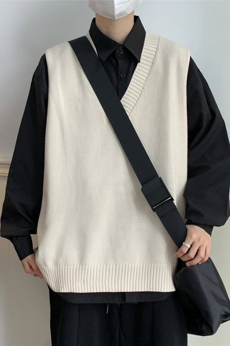 2023 Sweater Vest Men All-match V-neck Solid Color Sleeveless Male Tops Basic Cozy Korean Style Leisure Knitted Size G64