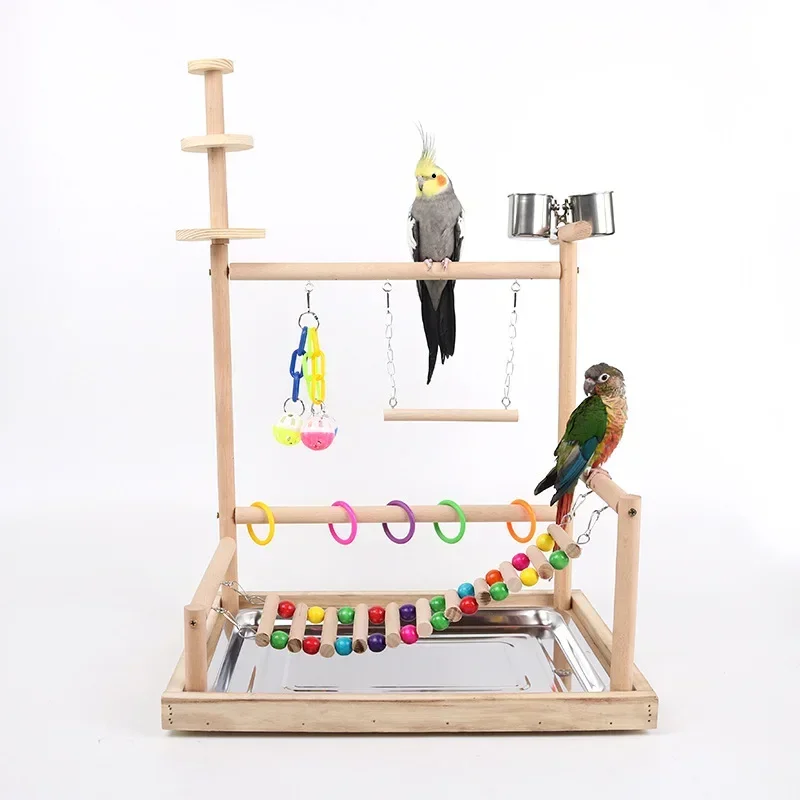 Parrot Play Stand Solid Wood Standing Stick Pet Bird Perch Swing Toys Ladder Training Interactive Tools Funny Bird Cage Supplies