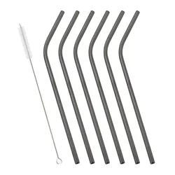 Set of 6 Reusable Rainbow Metal Drinking Straws with Cleaning Brush (Black)