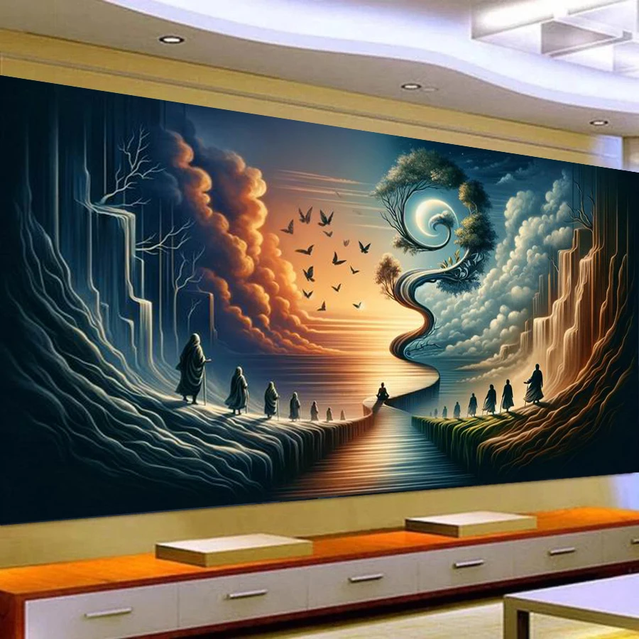 Fullcang Diy Large Size Diamond Painting Fantasy Scenery Full Mosaic Embroidery Scenic Mountains And Rivers Picture Wall Decor