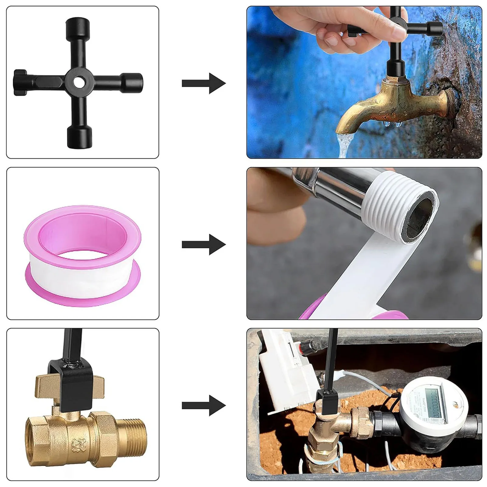 Water Meter Key Sillcock Wrench Tool Set T Handle Water Meter Shut Off Tool and 4 Way Sillcock Key Sillcock Wrench Tool