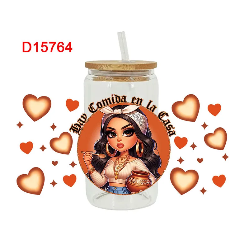 D15706 UV DTF Mama 필요, Cafecito Chicana Mom Cafecito y Chisme Latina 어머니날 인쇄, 16oz Libbey 안경 랩, 3D