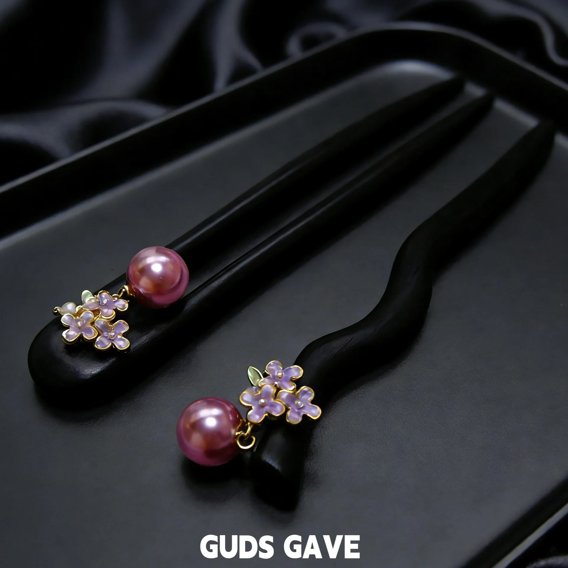 천연 블랙 에보니 우드 플로럴 U자형 짧은 머리핀 고급 빈티지 코트 스타일 퍼플 GUDS GAVE 패셔너블 헤어 액세서리