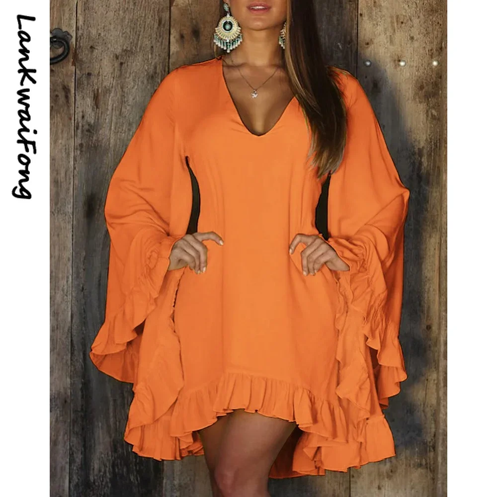 

2024 Elegant Women's Wear Polyester Pullover V-shaped Solid Color Loose Trumpet Sleeve Street Casual Dress