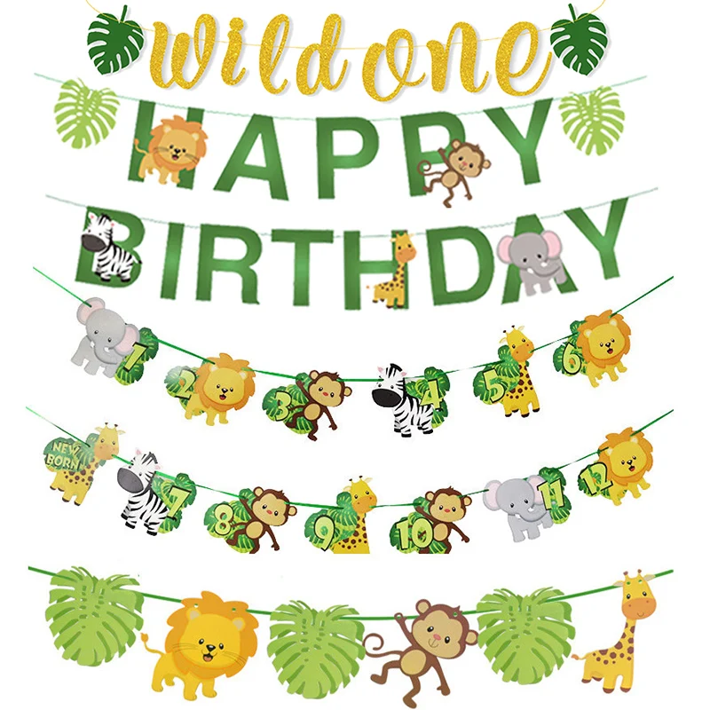 Wild Jungle Safari 1st Birthday Photo Banner Lion Tiger Animal Pattern Birthday Bunting Banner Paper Flags Decoration birthday banner,paper birthday banner