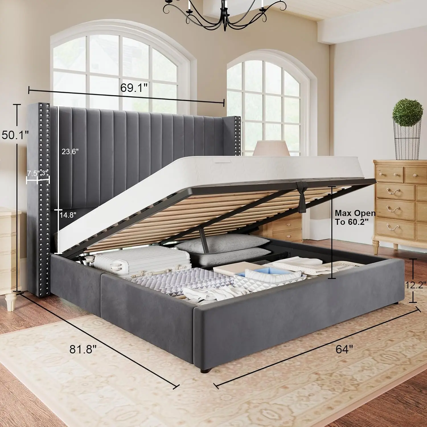 Lift up Storage Bed Frame Queen Size,Upholstered Platform Bed Velvet with Channel Tufted Wingback Headboard,No Box Spring Needed 4