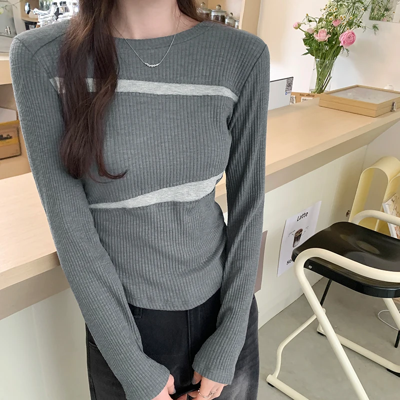 

2024 New Spring Autumn Long Sleeve Slim T Shirt Women Fashion Patchwork Knitted Tee Shirt Women Casual O-neck Tops