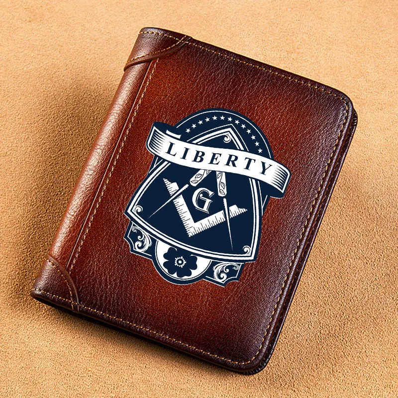 High Quality Genuine Leather Wallet Freemason Liberty Sign Printing Standard Short Purse BK3678