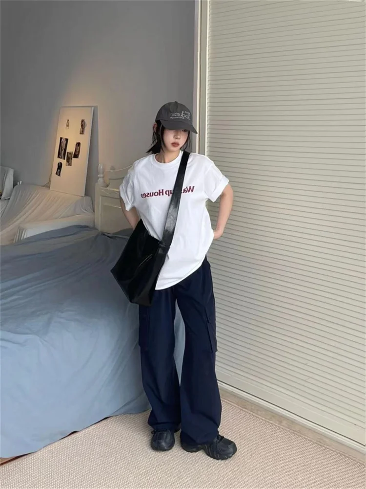 QWEEK Korean Fashion Navy Blue Cargo Pants Women Y2K Vintage Low Waist  Parachute Trousers Oversize 90s Retro Basic Wide Pantalon