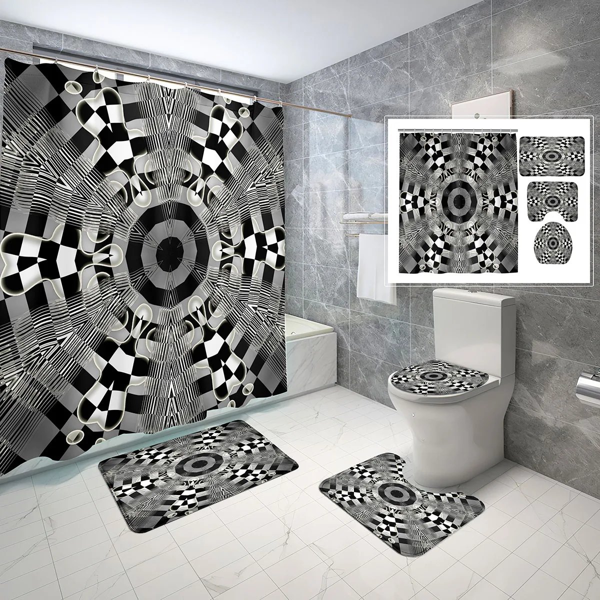 

4 Pcs Checkerboard Theme Shower Curtain Sets with Non-Slip Rugs Mat Toilet Lid Kaleidoscope Style Waterproof Shower Curtain Set