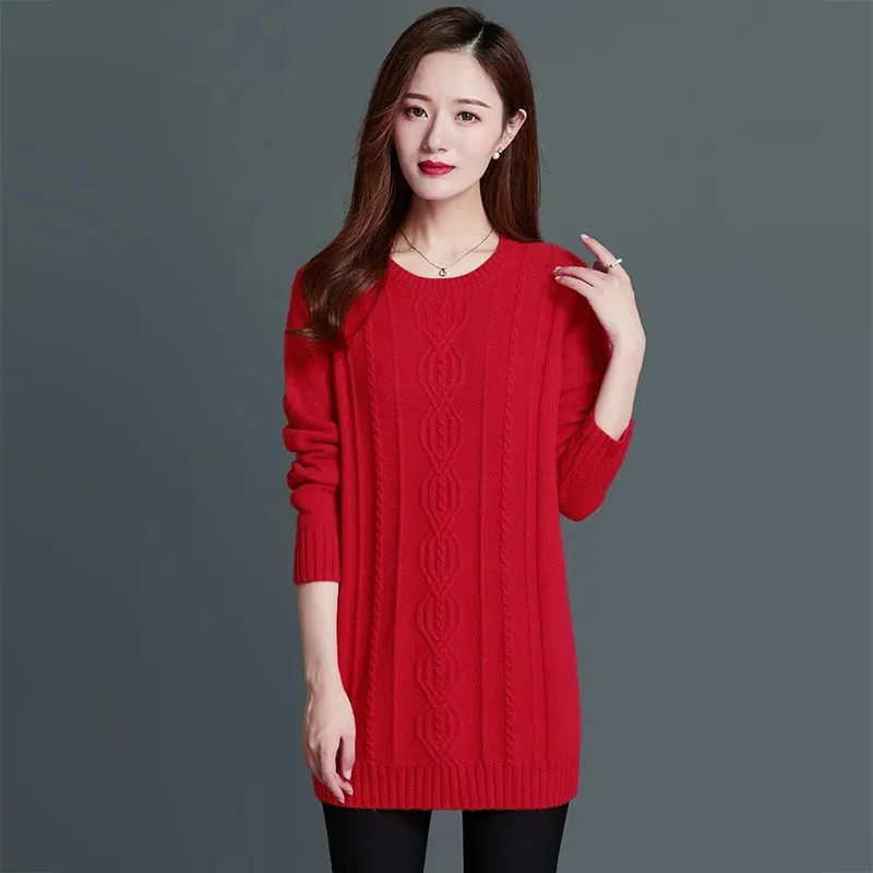 

Autumn Pullover Knitwear Solid Color Tops Women Clothes Korean O-Neck Mid-Length Knitted Sweater Loose Jumper Pull Femme G2650