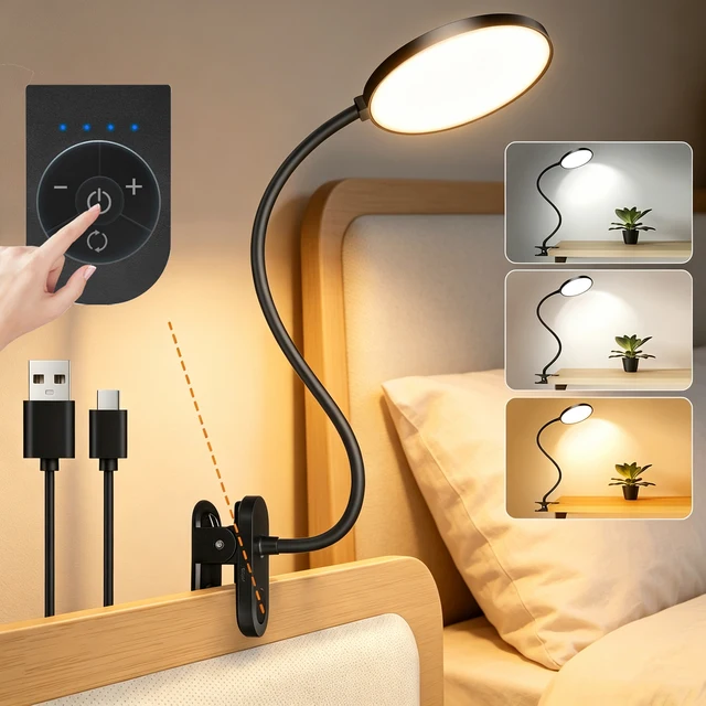 3.5in LED Clip Light Desk Lamp USB Rechargeable Cordless 1800mAh Battery 23 LEDs 3 Colors 3000K-6000K 10 Levels Dimmable Flexible Gooseneck Sturdy Clamp Wide Beam 120° High  130lm Eye Care Reading Light for Office Study Bedroom Dorm Workbench Studio 1
