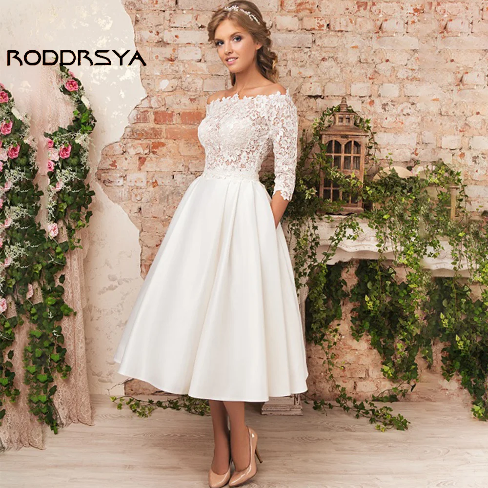 Roddrsya Vintage Brautkleider Spitze Satin A-Linie Brautkleider für Frauen Langarm Schaufel kragen Tee Länge Braut rock Roddrsya Vintage Brautkleider Spitze Satin A-Linie Brautkleider für Frauen Langarm Schaufel kragen