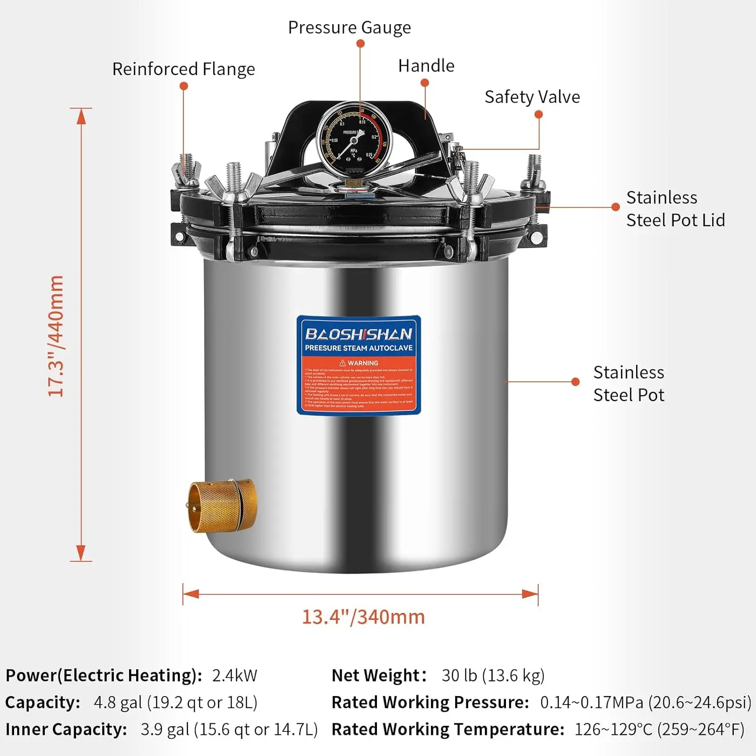 18L Electric Pressure Canner 19 QT Stainless Steel Portable Pressure Canner for Mushroom Growing, Jar Canning 1.2KW 1 5