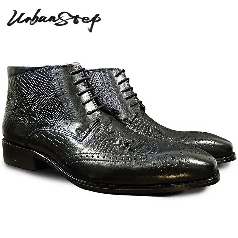 

LUXURY MEN'S ANKLE BOOTS SHOES BLACK BROWN WING TIP CROCODILE PRINT LACE UP DRESS SHOES GENUINE LEATHER MARTIN BOOTS MEN