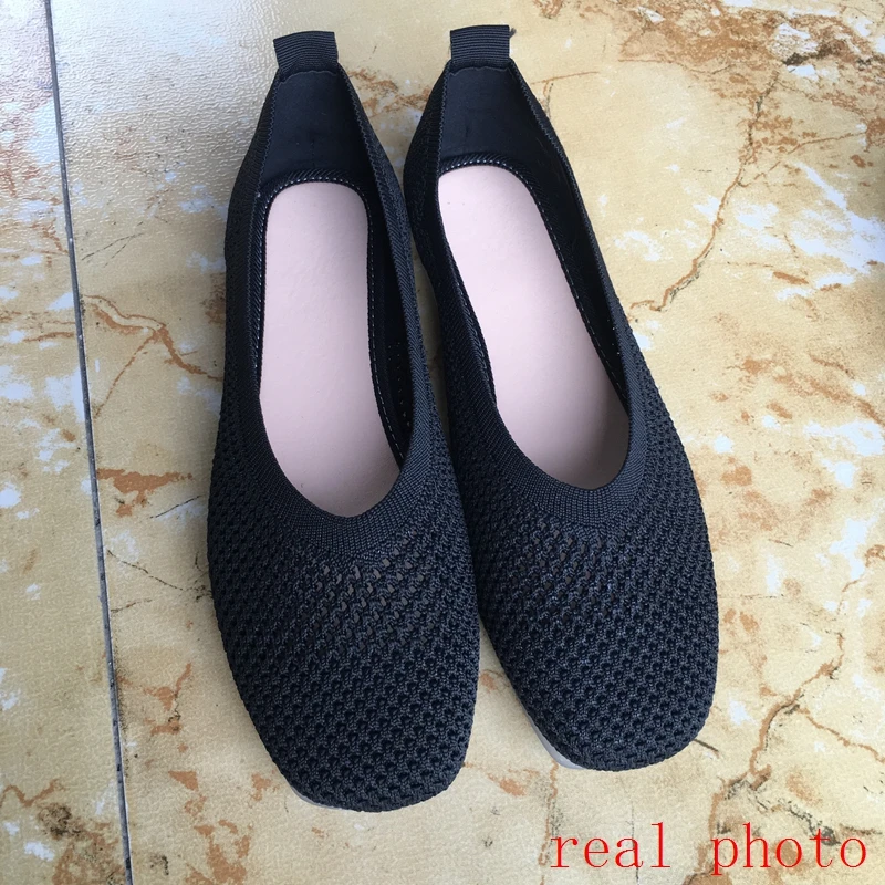 Women Flats Ballet Breathable Knitted V Square Toe Moccasins Thick Heels Mixed Color Flat Ballerina Pregnant Stretchy Loafers 40 women shoes
