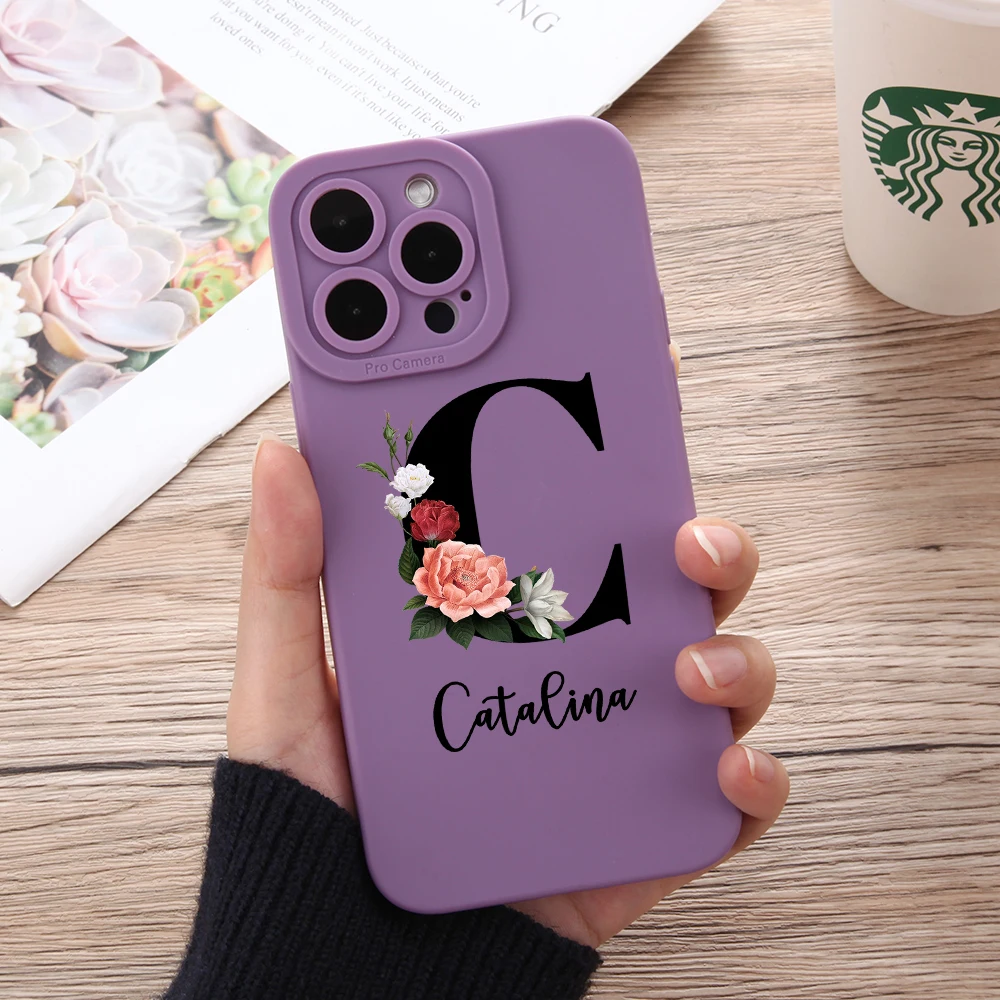 

Phone 14 Pro Max Custom Name DIY Letters Flower Phone Case for iPhone 14 13 12 11 Pro Max X XS XR 7 8 Plus Soft Silicone Cover