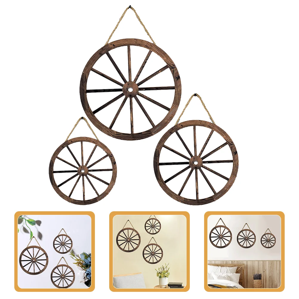 

3 Pcs Wooden Four-wheeler Pendant Decor outside Wagon Wheels for Crafts Vintage Wall Ornament