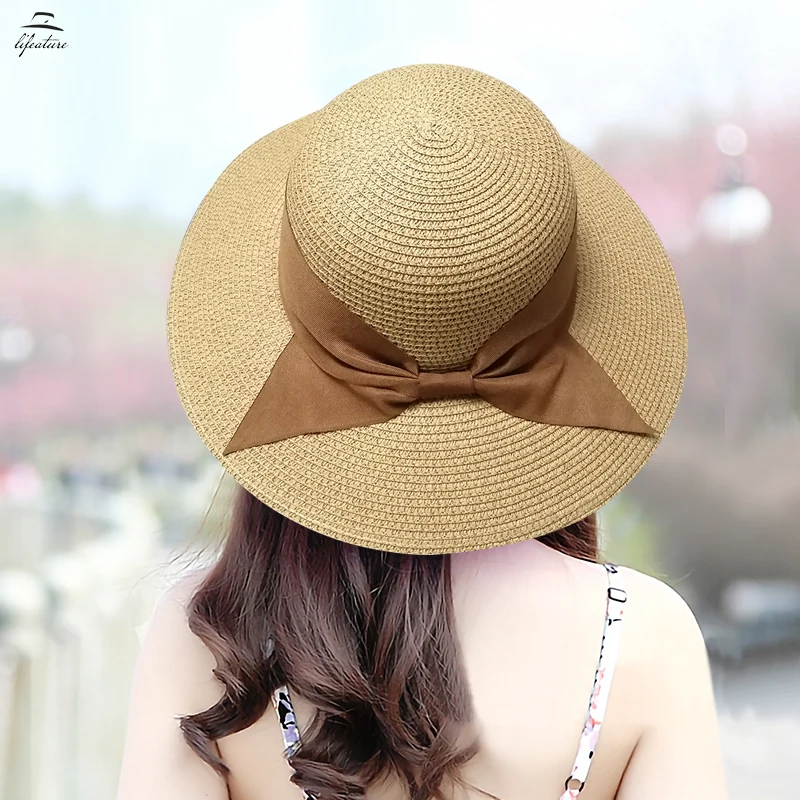 

New Foldable Classic Black Ribbon Bow Straw Hats for Women Girls Summer Wide Brim Panama Caps Outdoor Beach Visors Hat Present