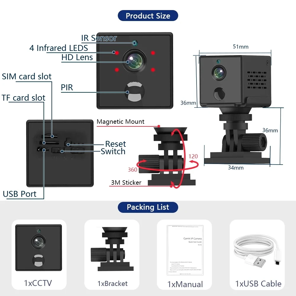 Smart Security Surveillance Camera 500W Pixel HD WiFi Home Surveillance Camera PIR Body Detection Two-Way Audio Mini