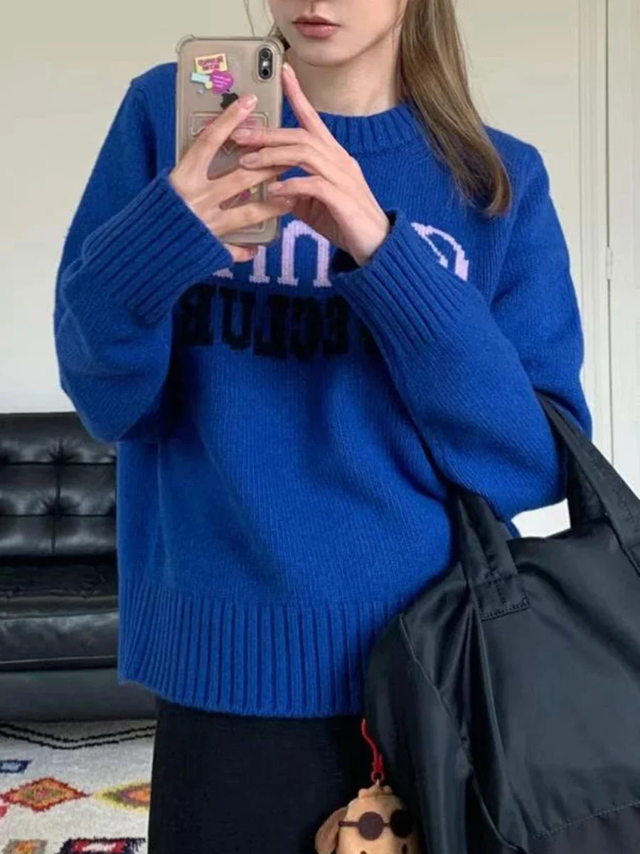 

Letter Print Sweater for Women Round Neck Long Sleeve Vintage Clothes 2023 Autumn Winter Korean Pullover
