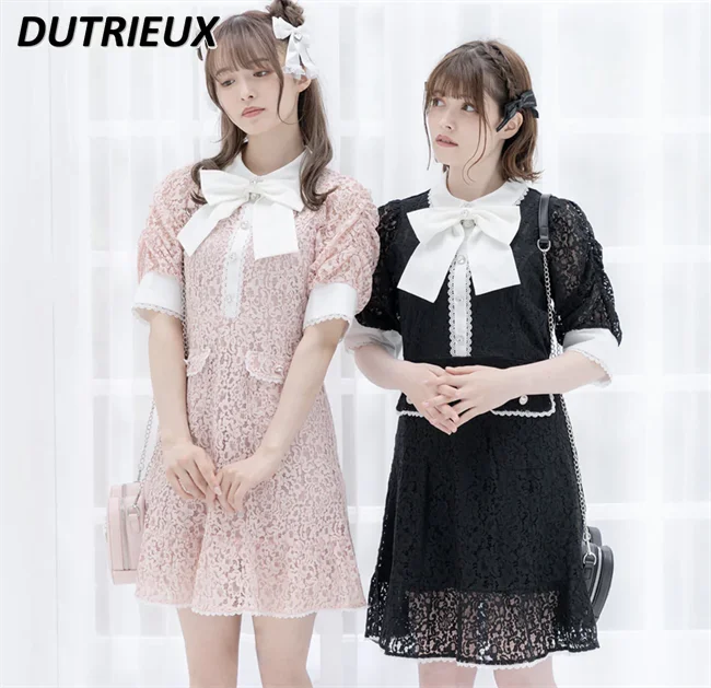 

Rojita Japanese Style Sweet Lady Lace Dress Big Bow Bow Tie Short Sleeve Dress Waist-Controlled Slimming Women's Dress Summer