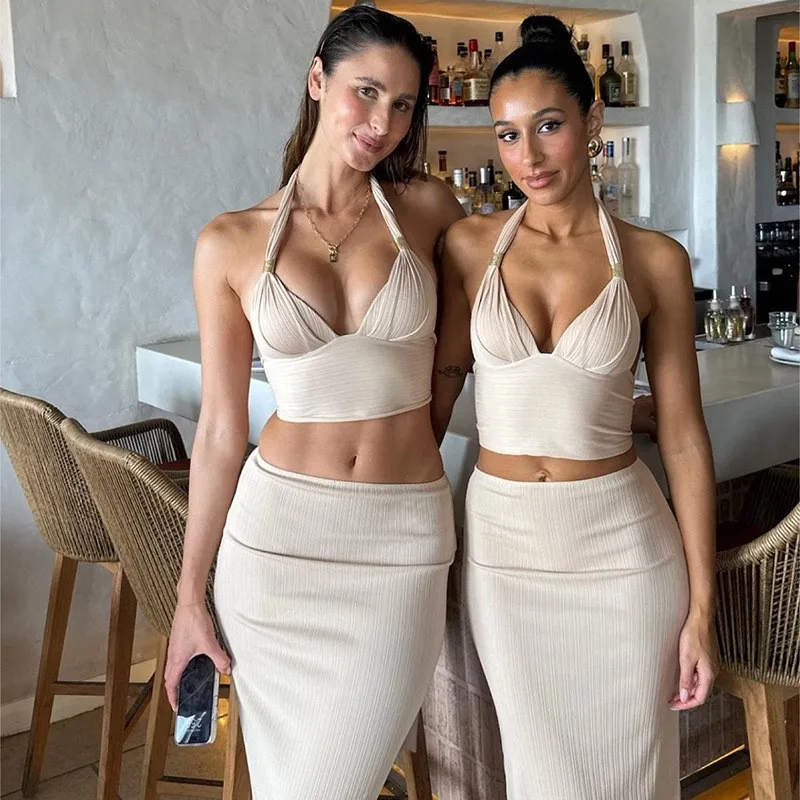 

Beach Holiday Dress Bikini 2024 Women For Cover Up New Two Piece Ins Metal Decoration Halter Skirt Suit Solid Spandex Wear Sexy