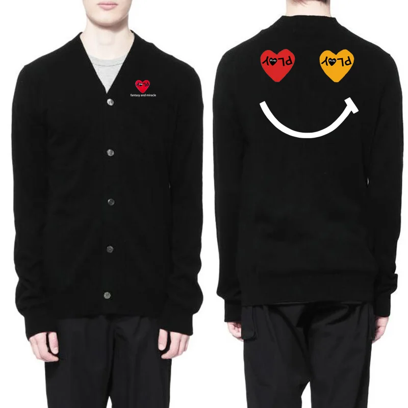 

Men Spring Autumn Sweater Cardigan V-Neck Heart Letter Embroidery Smiley Face Print Cotton Single Breasted Long Sleeve Cardigan