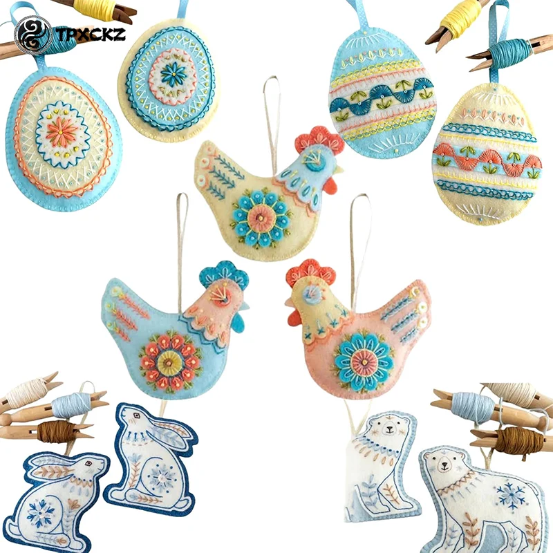 DIY Crafts Embroidered Felt Easter Eggs Kit Easter Party Decorations Egg Embroidery Pattern Ornament Set