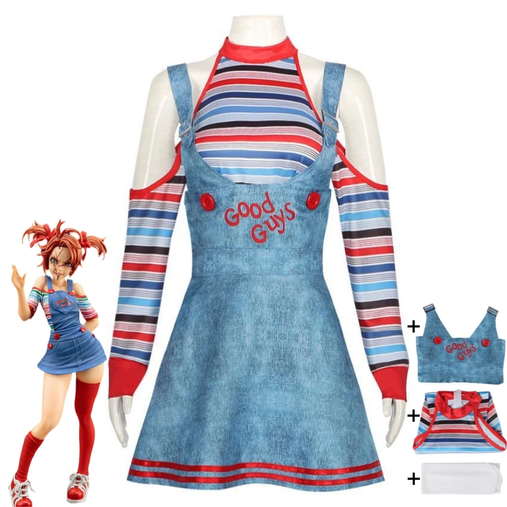 

Movie Child'S Play Chucky Cosplay Costume Horror Ghost Doll Clown Good Guys Adult Sexy Woman Child Maid Dress Halloween Suit