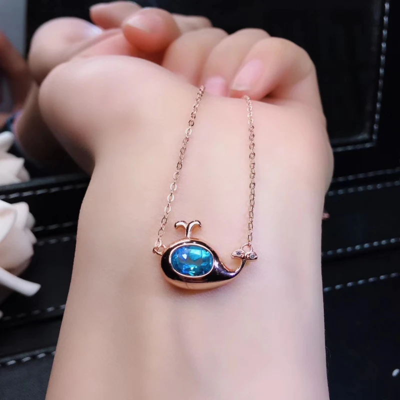 

Fashion Lovely Bud Fish Natural Blue Topaz Necklace Gemstone Pendant Necklace S925 Silver Girl Party Gift Fine Jewelry