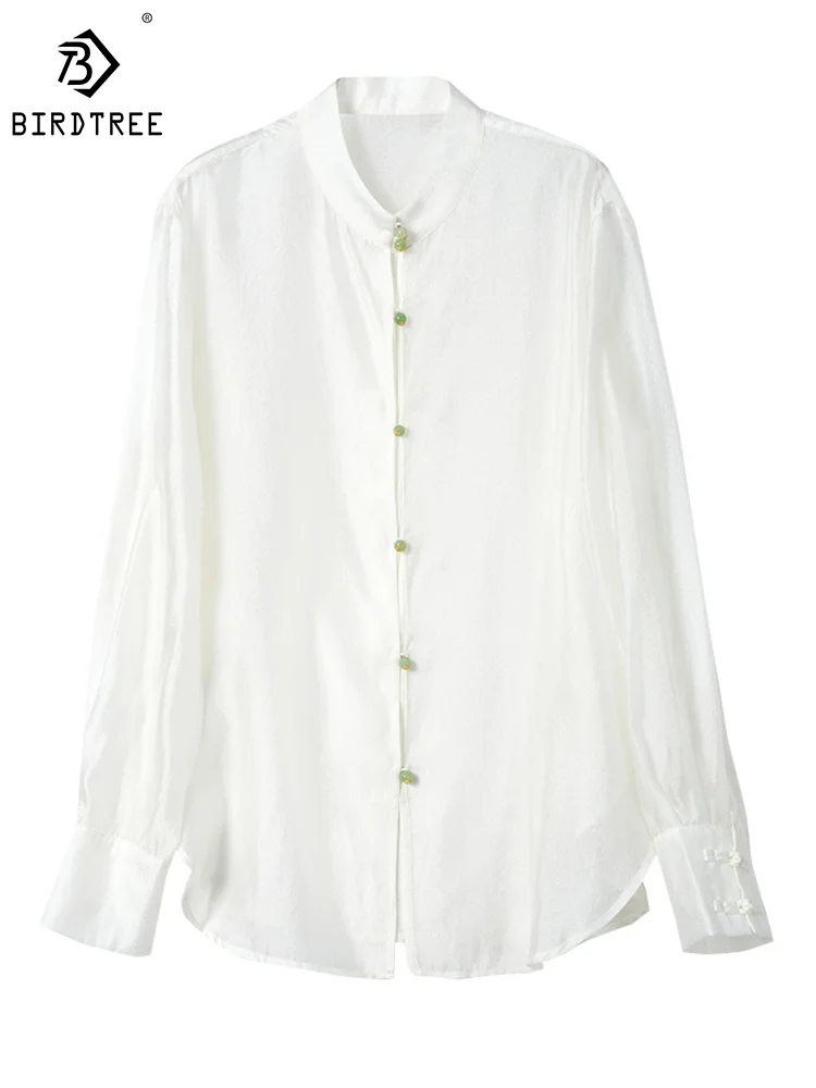 

BirdTree, 100%Real Silk Thin Shirt, Women Long Sleeve Solid Transparent, Fashion Sexy All-match Blouse, 2024 Spring New T43530QM
