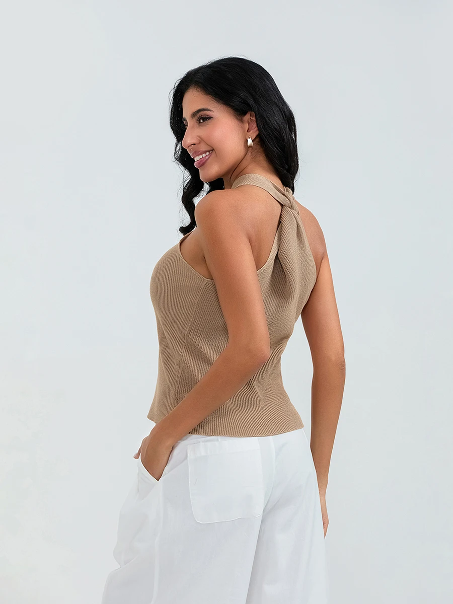 Women's Summer Knit Tank Tops Solid Color Sleeveless Cross Front Slim Sweater Vest Ladies Chic Camis Vest for Streetwear Y2K 00s image