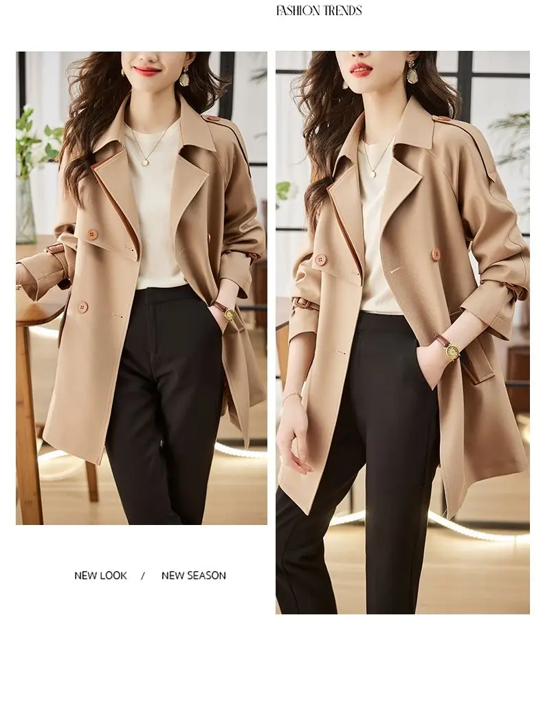 Solid Mid length Trench for Women Fall Winter 2023 New Vintage Turn Down Collar Long Sleeve Jacket Loose Double Breasted Coat