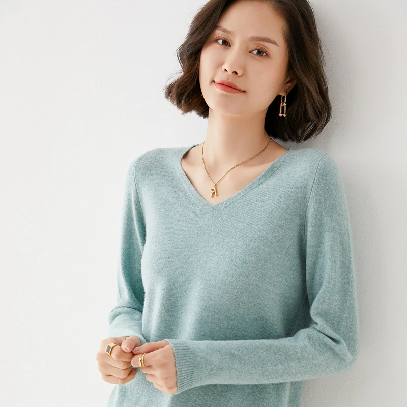 Women's 100% Pure Wool V-Neck Loose Pullover Sweater Basic Style All-Match Knitted Sweater women sweater
