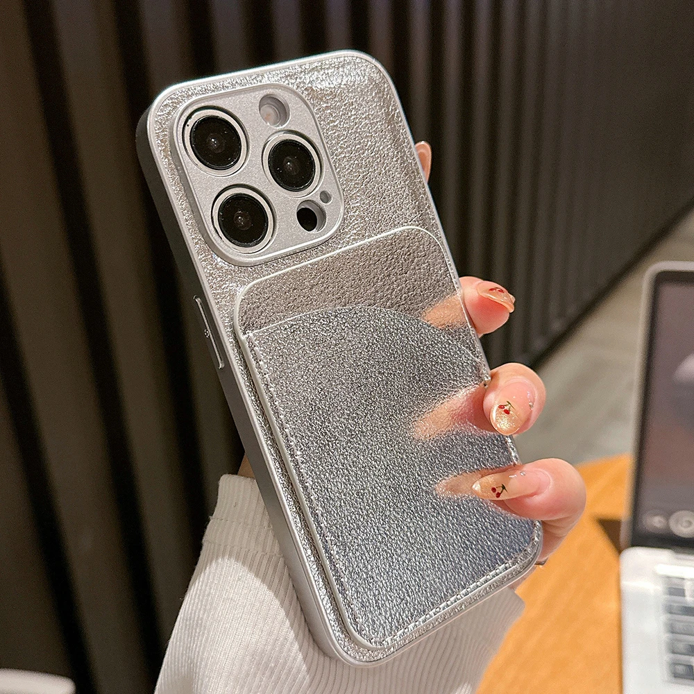 Luxury Leather Slot Card Case with Camera Protection and Soft Silicone Cover
