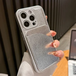 Luxury Leather Slot Card Case with Camera Protection and Soft Silicone Cover - iPhone 15 Plus (Silver)
