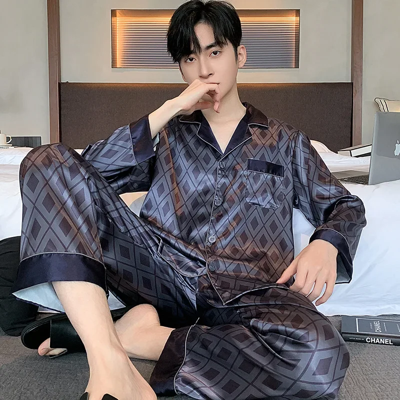 Men's Autumn High-End Ice Silk Long-Sleeve Loose-Fit Plus Size Spring-Autumn Silk Worn Outside Home Clothes