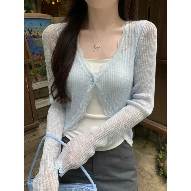 Lace Trim One Button Long Sleeve Crop Top Women Short Sleeve Open Front Ribbed Knit Cardigan Sweater Summer Fairycore Outfit 4