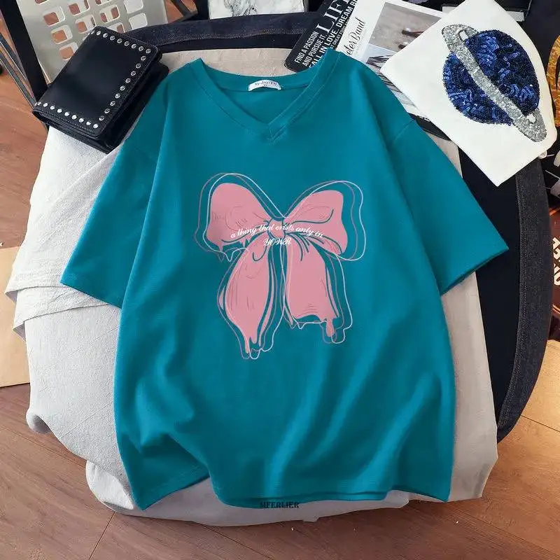 Plus Size 6XL 150KG Women Sweet Cotton T Shirt Lovely Female Tops Kawaii Tee Tshirt V Neck Ladies Large Tees