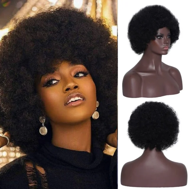 Afro Kinky Curly Wig Short Fluffy Hair With Bangs Deep Brown Wig For Black Woman African Synthetic Party Cosplay Wigs Perruque 1B-S