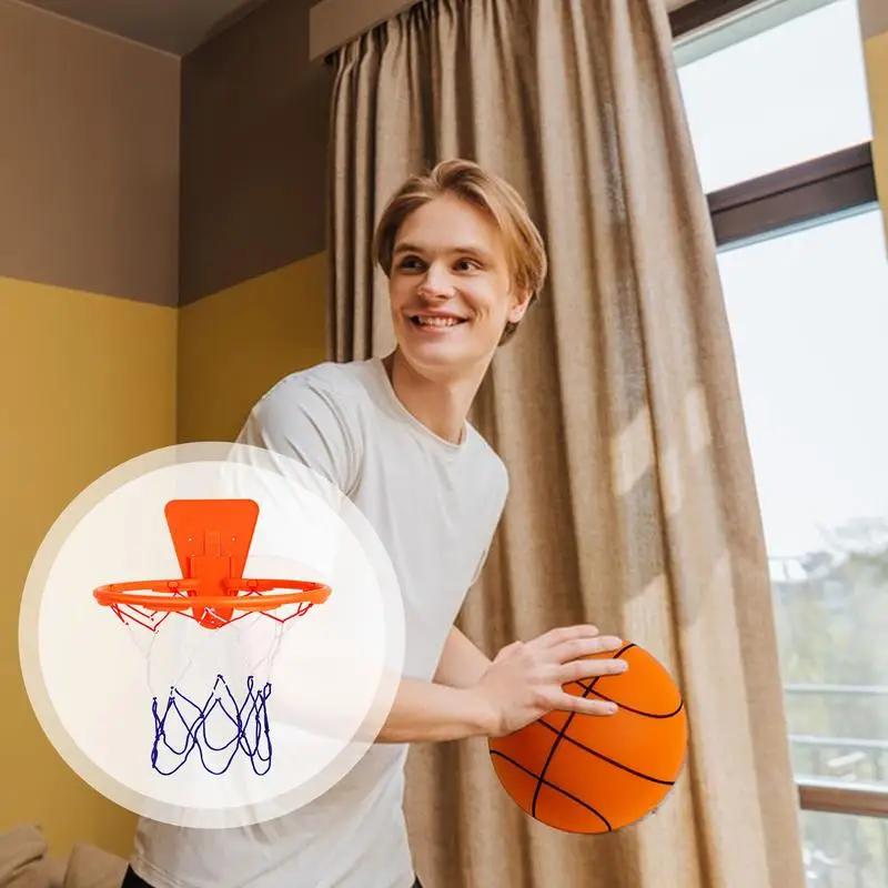 Wall Mounted Basketball Hoop With Basketball Mesh Bag No. 7 Silent Ball set Indoor Hangings Basketball Goal Hoop Net For Kids 2