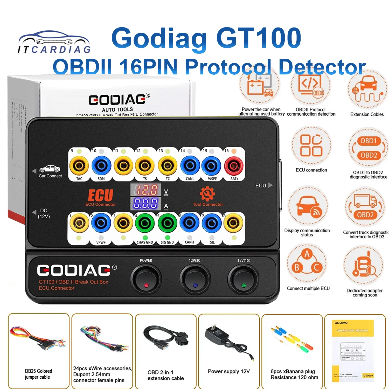 GODIAG GT100 OBDII Breakout Box AUTO OBD2 ECU Bench Connector Tool OBDII 16PIN Protocol Detector OBD CAN Breakout Box