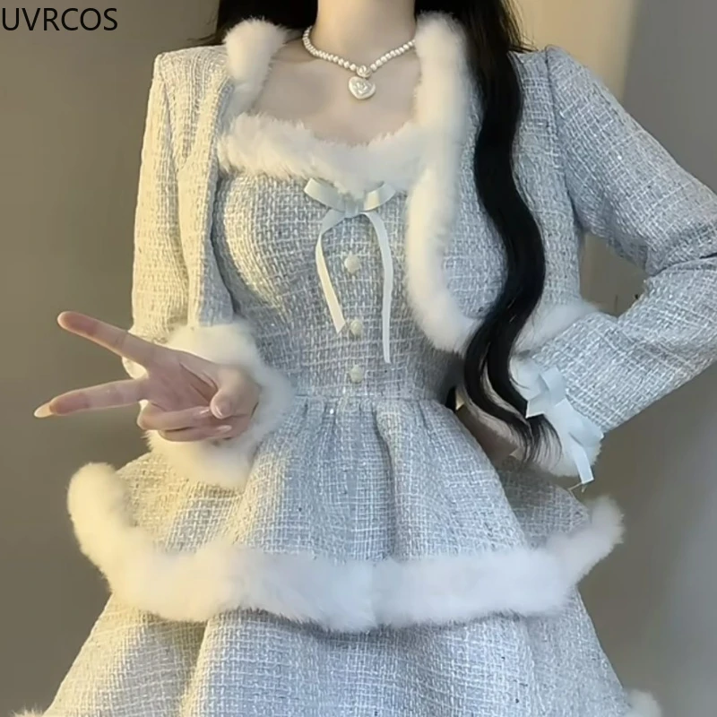 Korean Style Elegant Tweed Plaid Dress Sets Women Plush Patchwork Short Woolen Jackets Sexy Bow Mini Skirt Japanese Fashion Suit 5