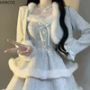 Korean Style Elegant Tweed Plaid Dress Sets Women Plush Patchwork Short Woolen Jackets Sexy Bow Mini Skirt Japanese Fashion Suit 5