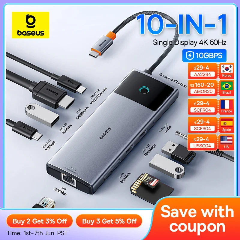 Baseus-hub Usb tipo c 10gbps 4k 60hz Hdmi Rj45 Ethernet pd 100w para Macbook Ipad Sumsang pc Tablet Telefone Usb 3.2 Hub Gen 2