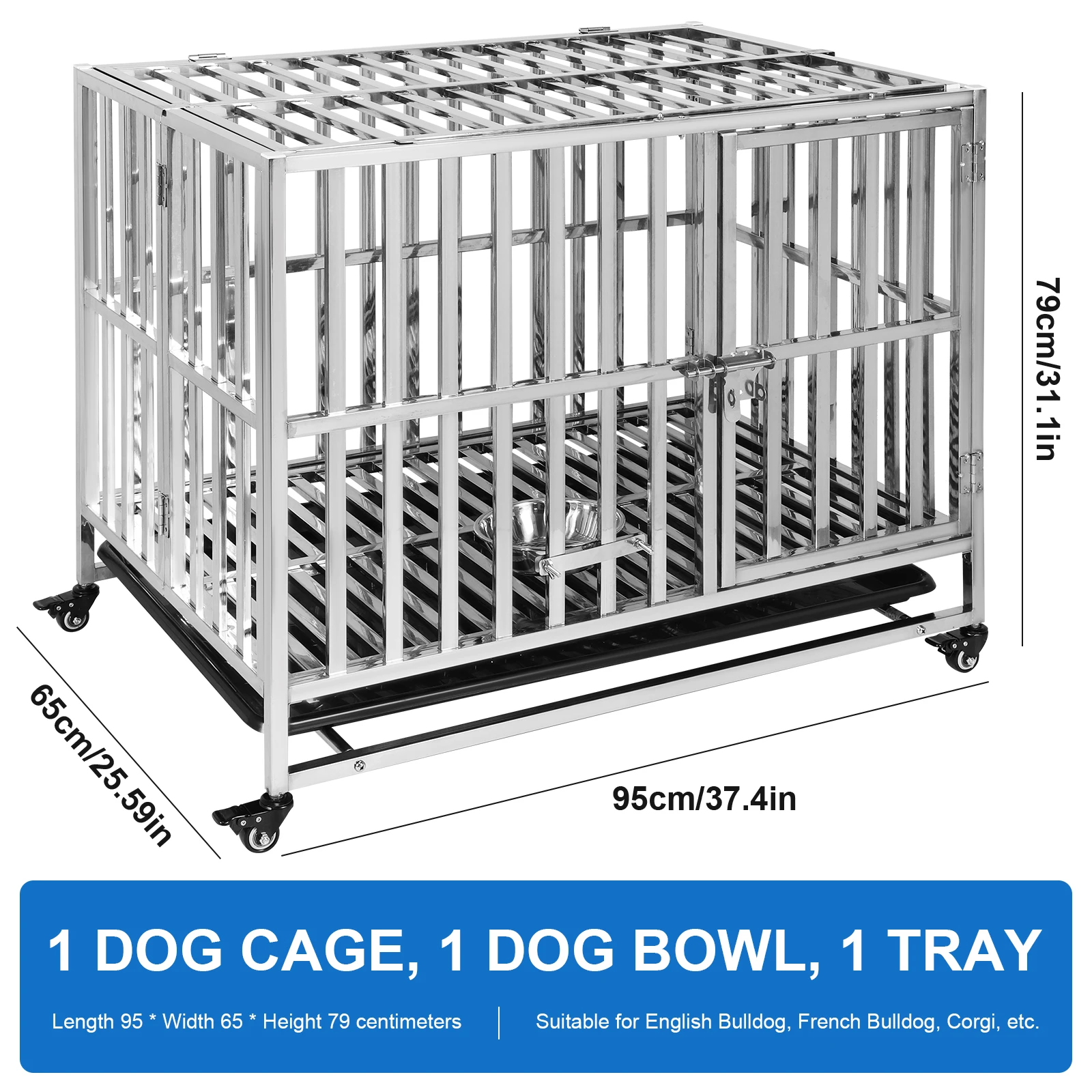 Metal Dog Cage with Four Wheels Dog Crate with Locks Dog Kennel Folding for High Anxiety Medium/Small Dogs
